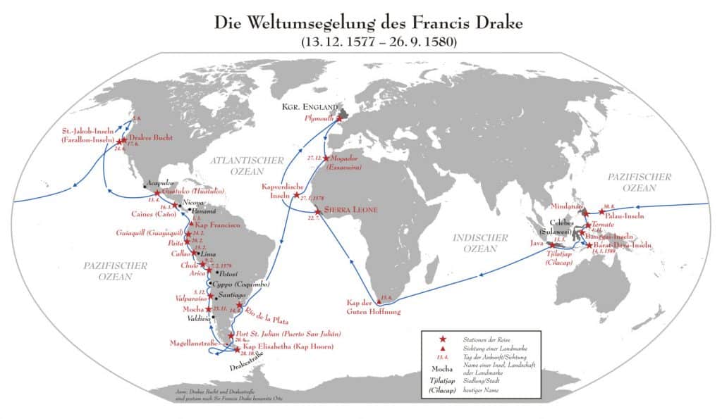 Mapa con las rutas que siguió Francis Drake