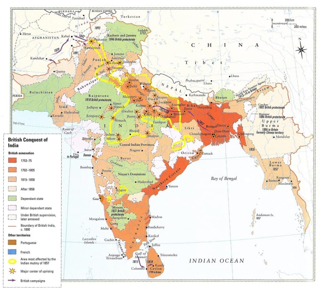Mapa de la conquista británica de la India 1753 a 1890