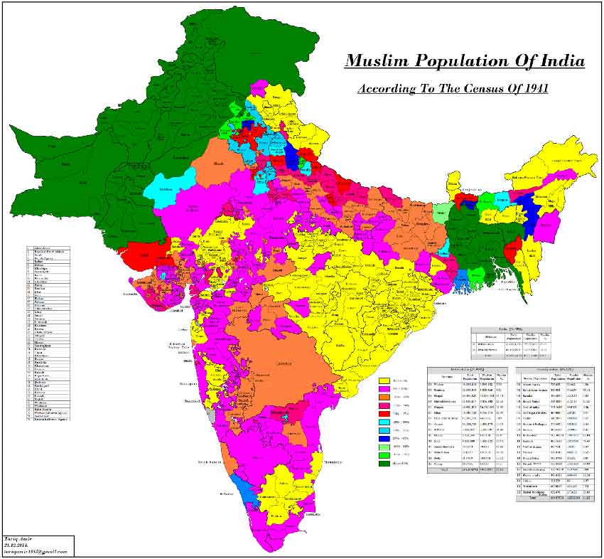 Mapa de la distribución de la población musulmana por distritos en la India según el censo de 1941