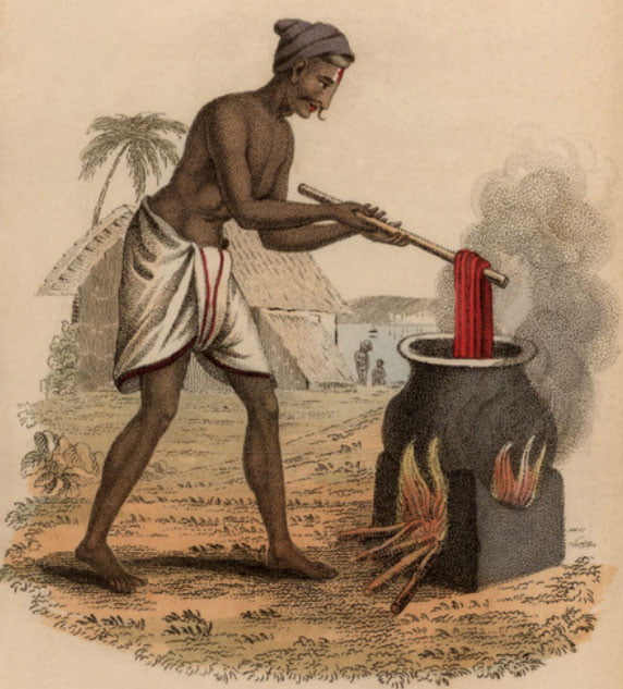 Teñido de ovillos de seda, India