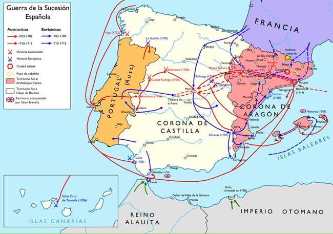 Mapa de los movimientos de tropas en España durante la Guerra de la Sucesión