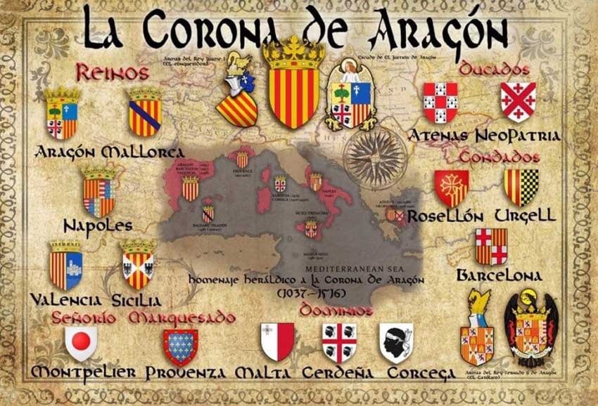 Mapa de los territorios y escudos de la corona de Aragón.