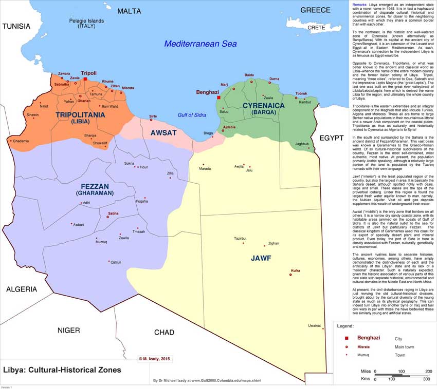 Regiones de Libia. Tripolitania, Awsat, Cyrenaica, Fezzan, Jawf