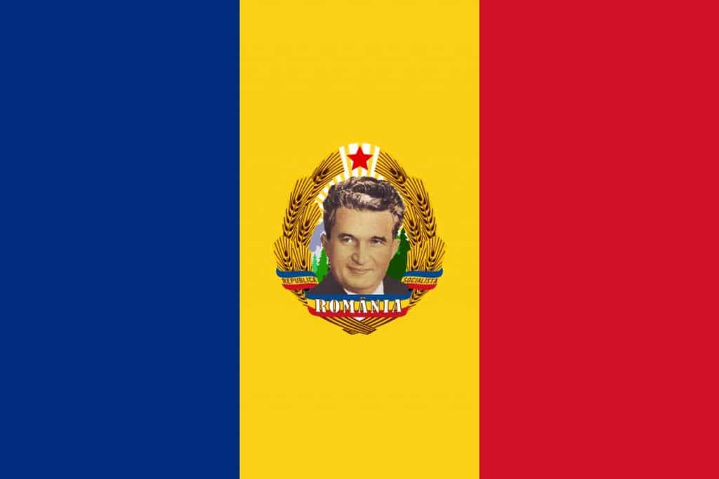 Bandera de Rumania con el retrato de Nicolae Ceaucescu